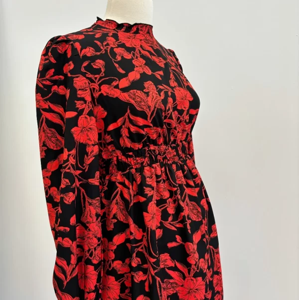 Long Sleeve Red Flowers Dress