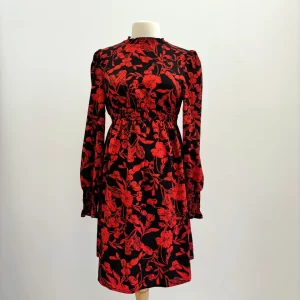 Long Sleeve Red Flowers Dress