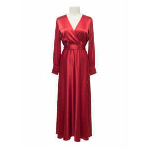 Red Satin V-Neck Long Sleeve Maxi Dress