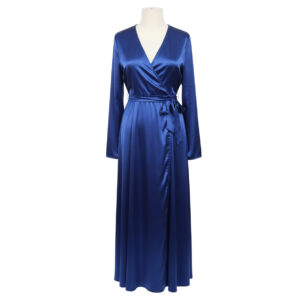 Blue Satin Wrap Long Sleeve Maxi Dress