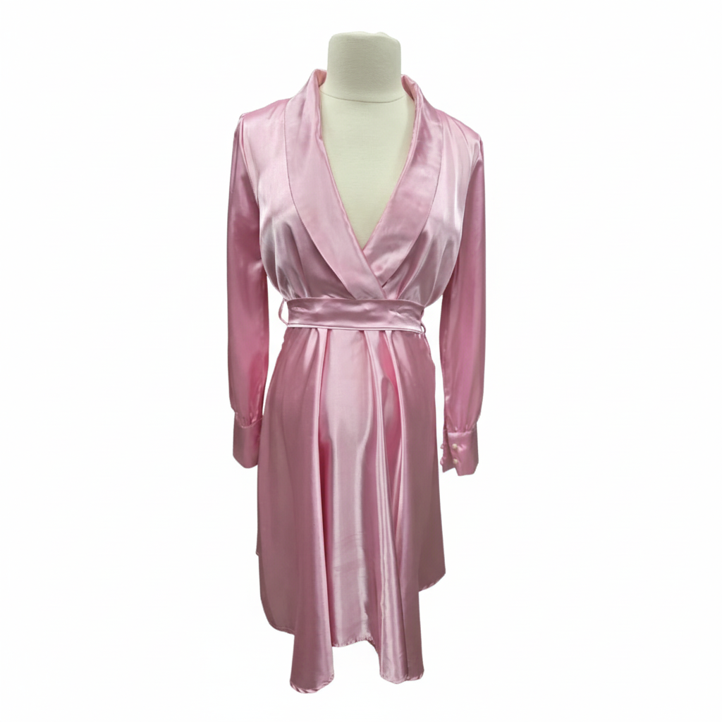 Pink Satin Long Sleeve Wrap Dress