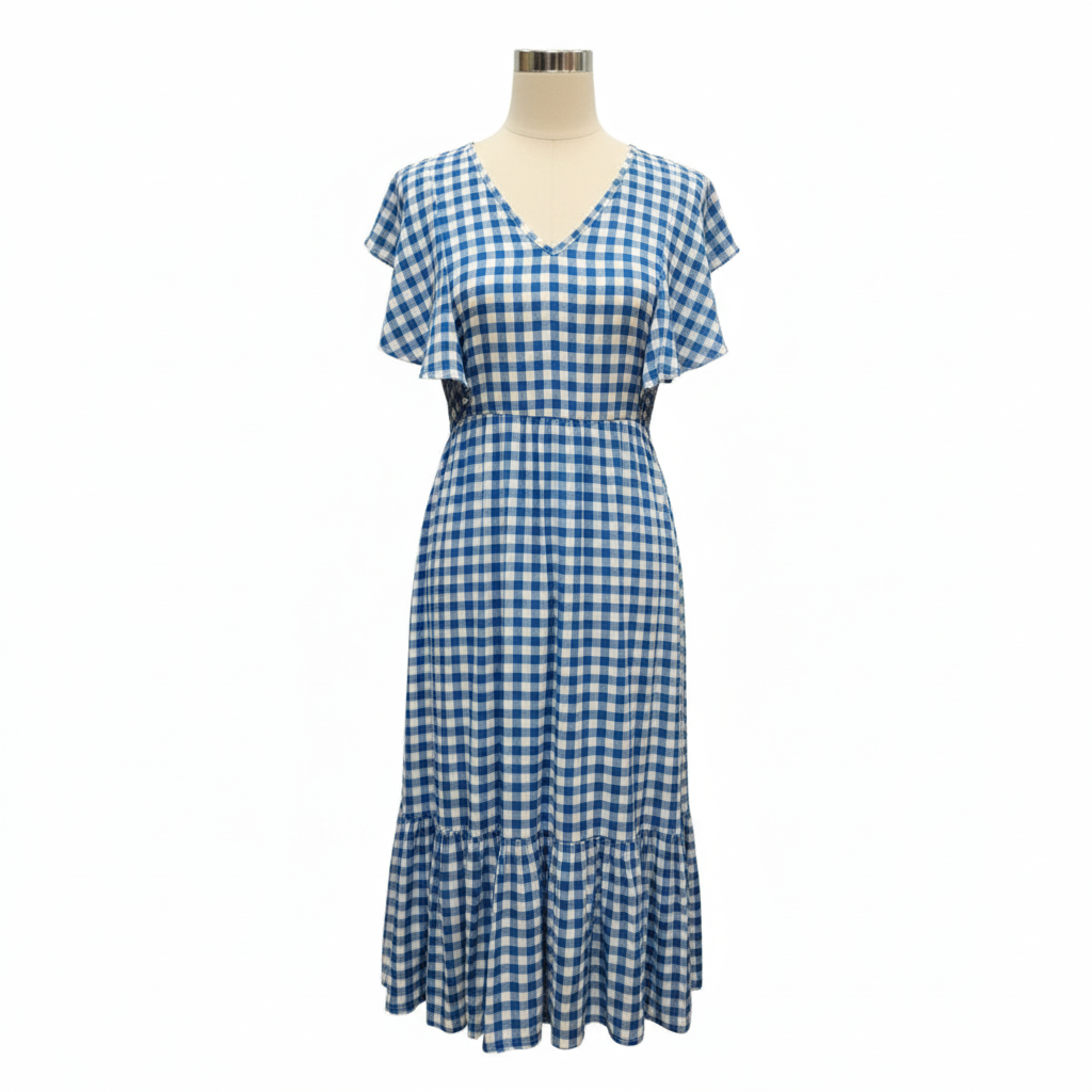 Blue Gingham Ruffle Sleeve Midi Dress