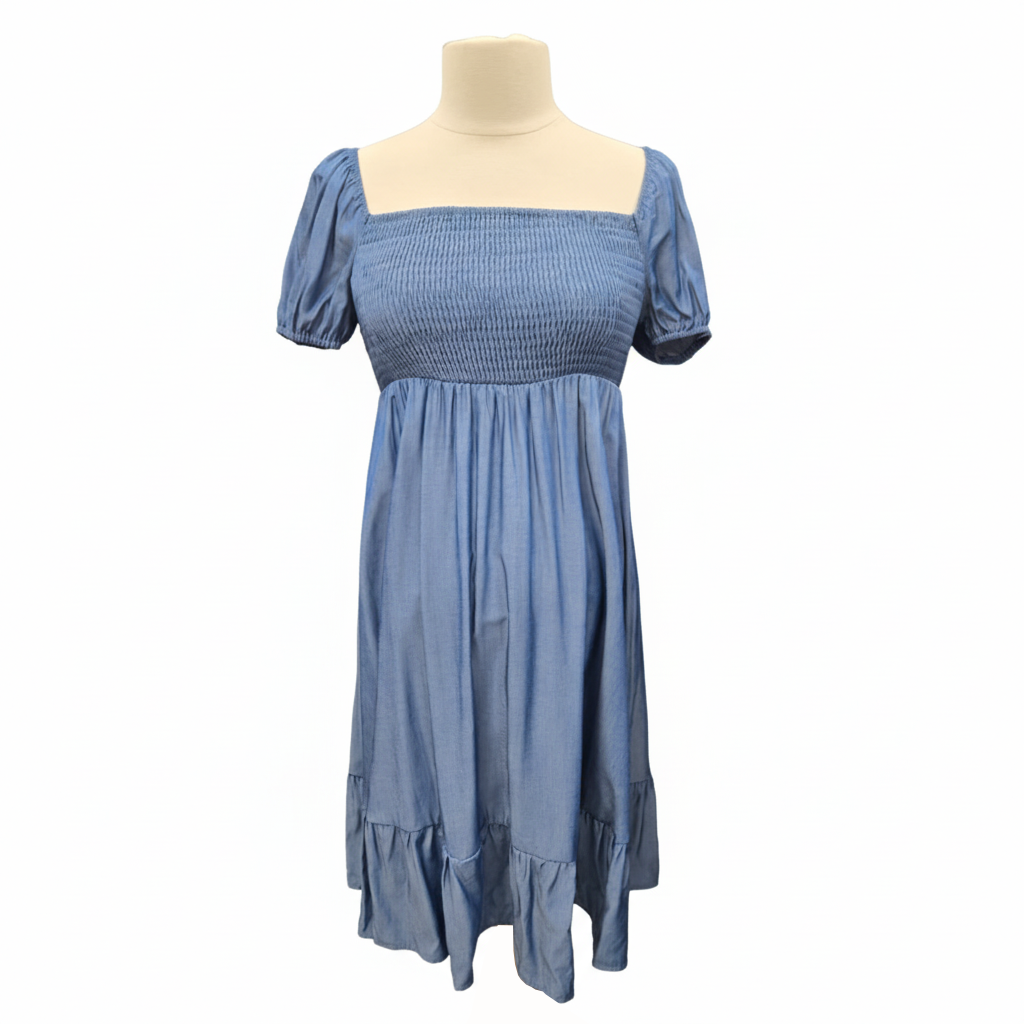 Blue Chambray Smocked Midi Dress