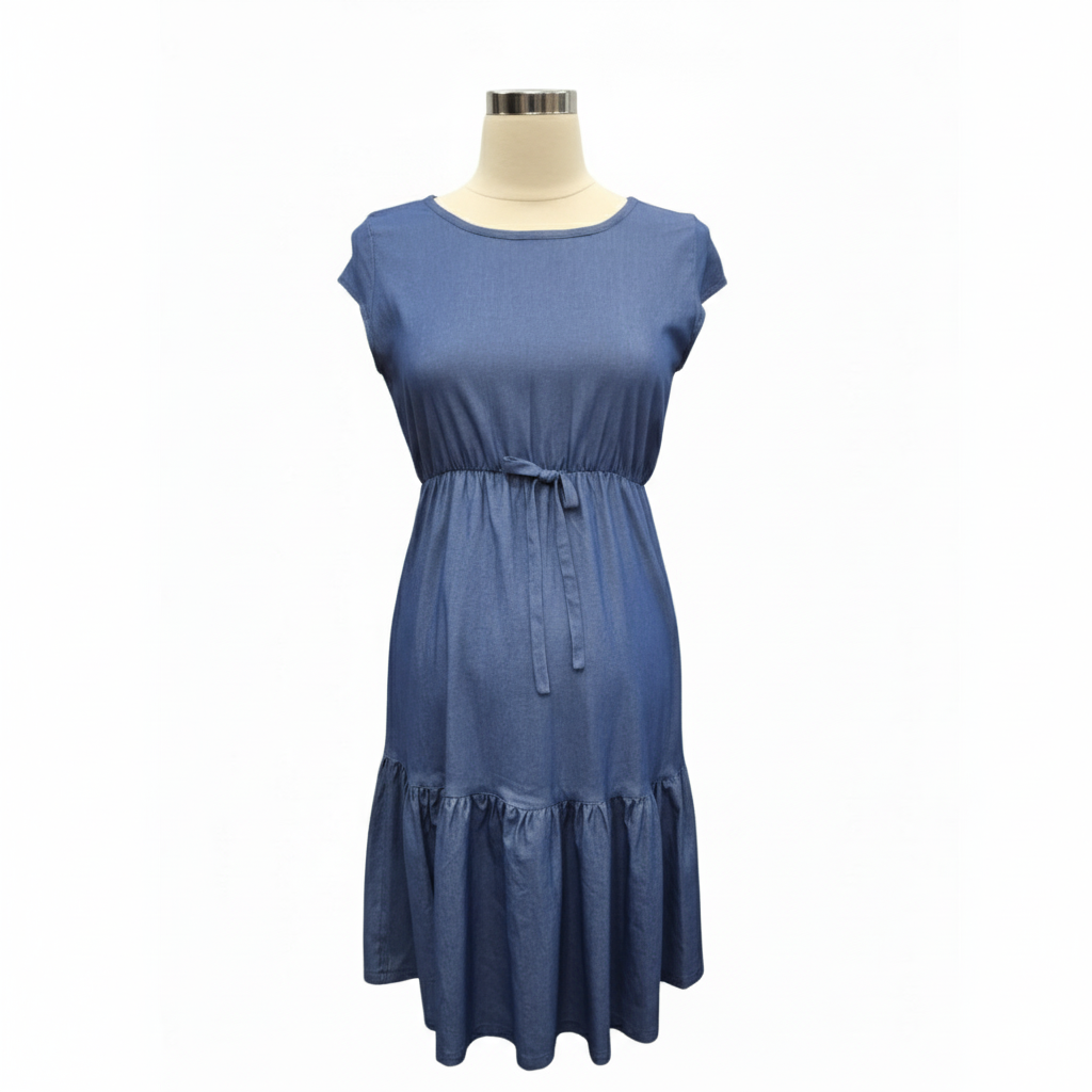 Denim Tie-Waist Ruffle Midi Dress