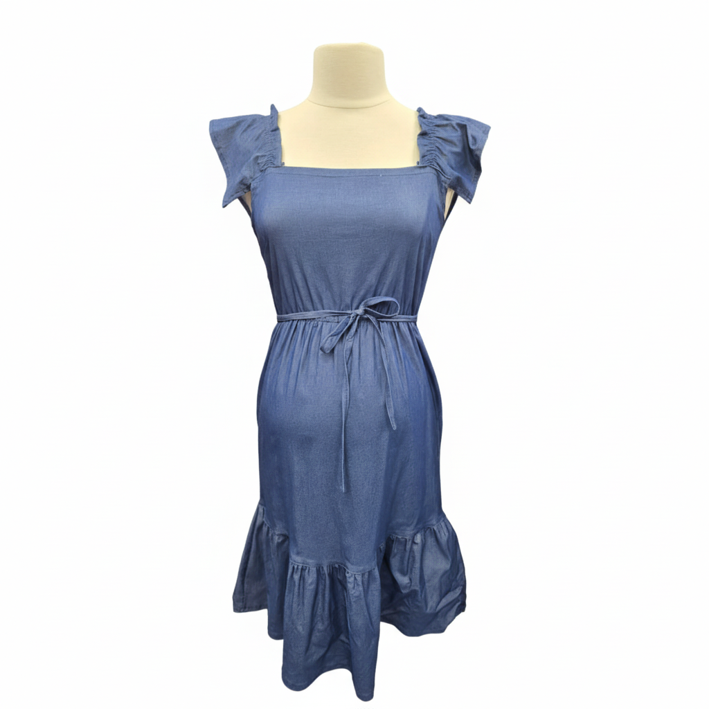 Denim Ruffle Strap Tie-Waist Midi Dress